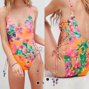 MW Matthew Williamson Orange bougainvillea lace up side one piece swimsuit 12